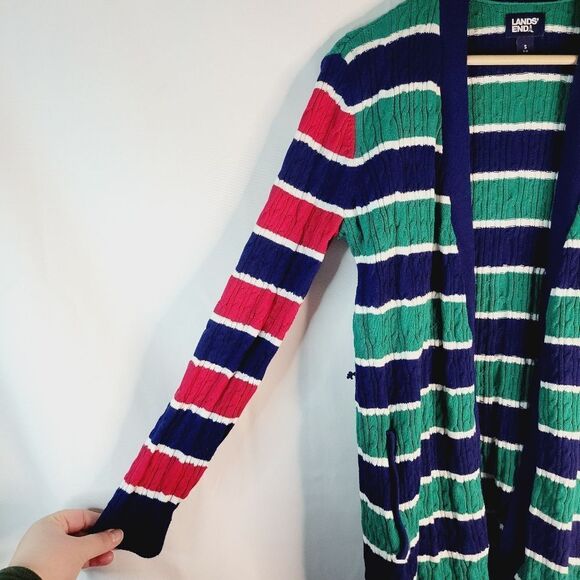 Land's End 100% Cotton Striped Multicolor Cardigan Sweater - Picture 3 of 9